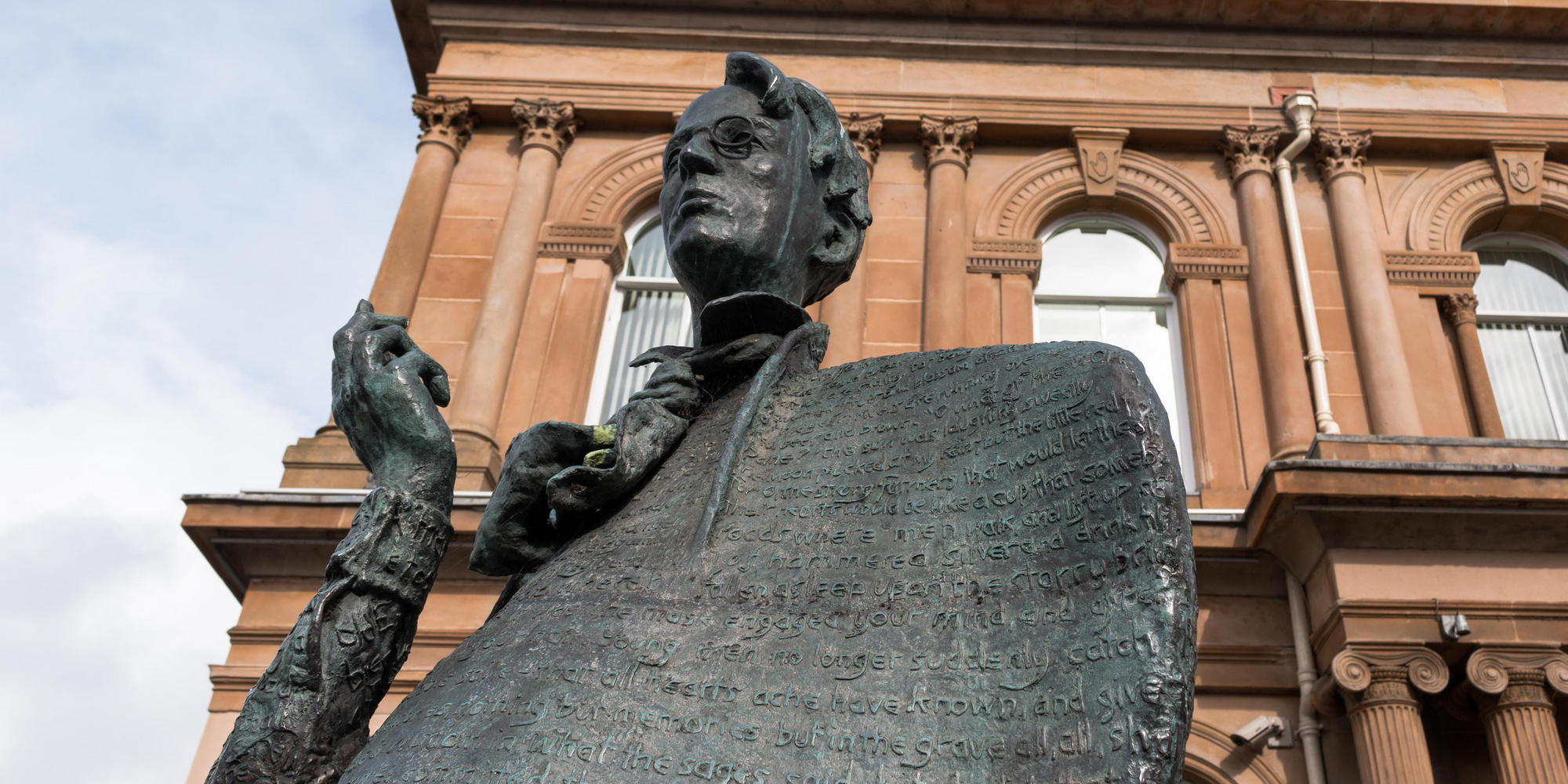 W.B. Yeats statue, created by sculptor Rowan Gillespie, outside the Ulster Bank in Sligo, Ireland