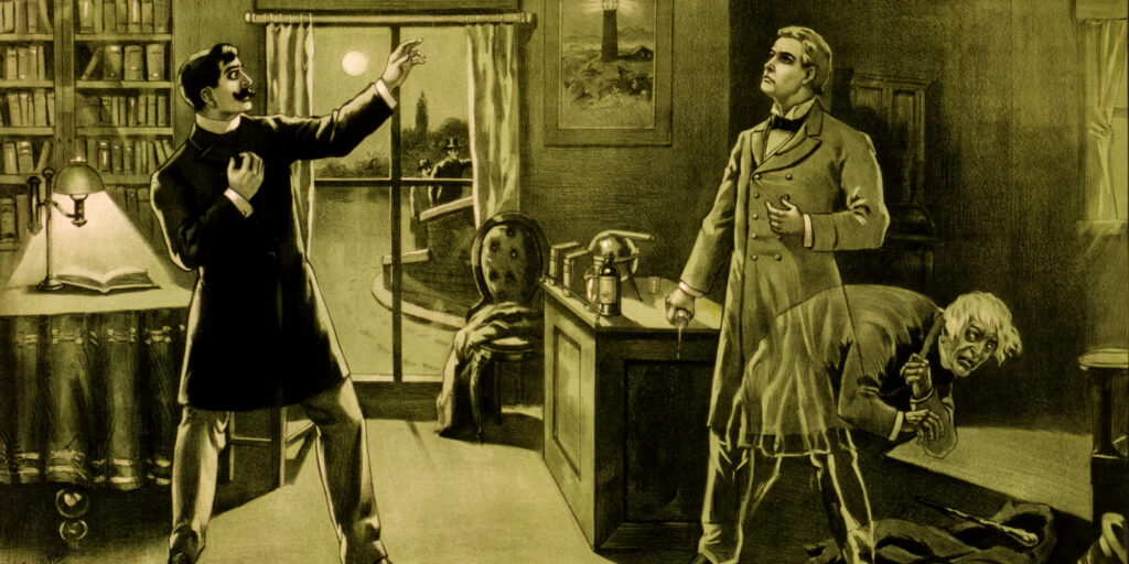 Playbill for ?Dr. Jekyll and Mr. Hyde? a 1887 stage adaptation of Robert Louis Stevenson (1850-1894) Gothic novel the ?Strange Case of Dr Jekyll and Mr Hyde? published in 1886. Richard Mansfield (1857-1907) played the dual characters of Jekyll and Hyde. P