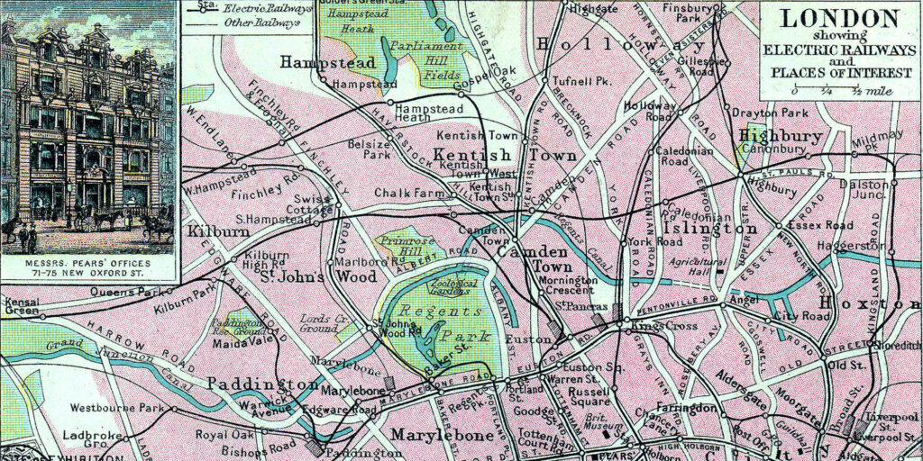 A coloured map of London in 1923 showing electric railways, places of interest, parks railway tracks & stations, site of exhibition, streets, roads etc with an advert for Pear Soap showing its headquarters in New Oxford Street. Mrs Dalloway